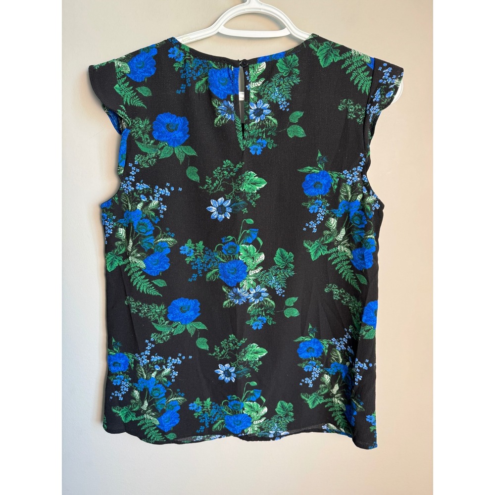 Mandee Floral Flutter Sleeve Pleated Front Blouse Black Blue S Cottagecore Boho - Picture 4 of 11